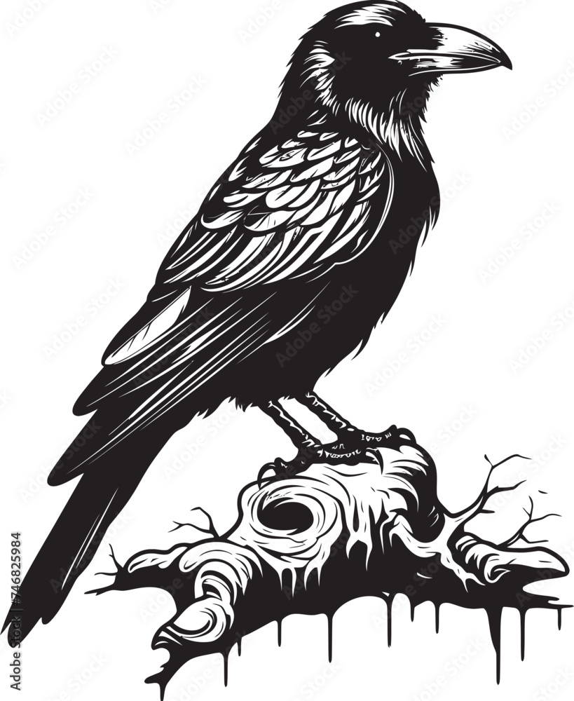 Fototapeta premium Raven and Skull Fusion Symbol Vector Graphic Illustration Dark Raven and Skull Emblem Vector Graphic Concept