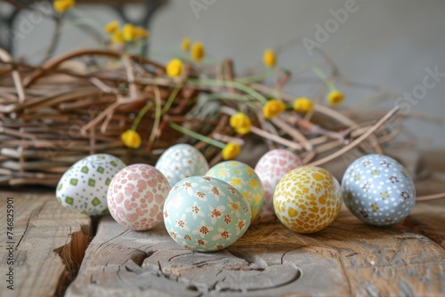 An array of Easter eggs adorned with dots and floral designs, casually spread on a wooden surface photo