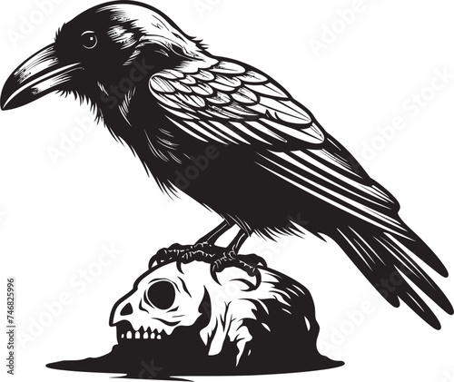 Raven Perched on Skull Icon Vector Graphic Conceptualization Eerie Raven and Skull Emblem Vector Graphic Illustration