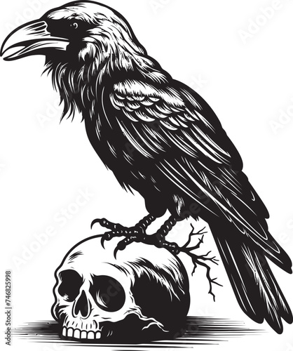 Gothic Raven and Skull Emblem Vector Graphic Expression Raven Perched on Skull Icon Vector Graphic Conceptualization