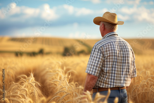 Rear view of a farmer in a straw hat standing in a wheat field  with a vast expanse of golden crops extending to the horizon under a blue sky  ideal for agriculture and farming themes. High quality