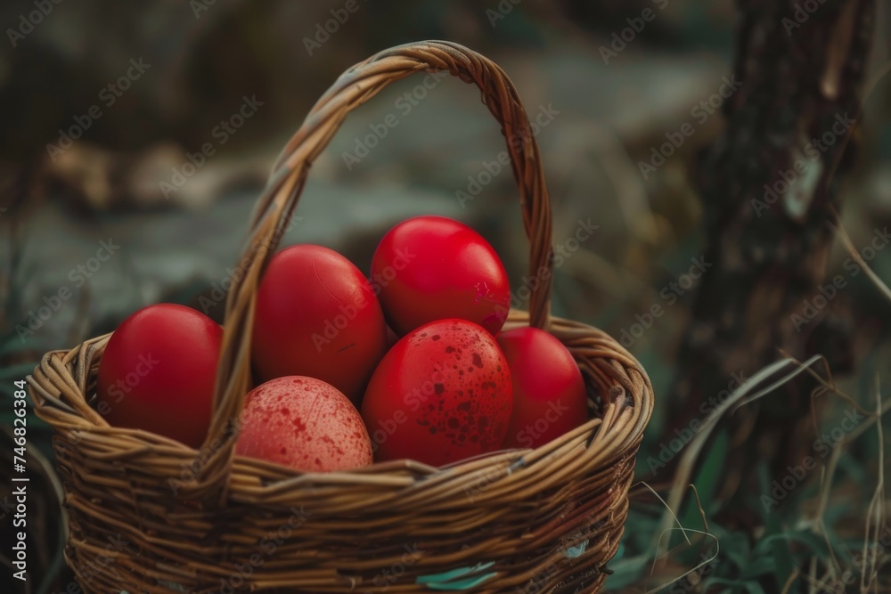 A serene setting featuring a rustic wicker basket filled with red eggs amongst the tranquility of a forest A serene setting featuring a rustic wicker basket filled with red eggs amongst the tranquility of a forest