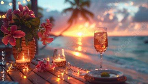 table setting at sunrise while on the beach front, in the style of romantic fantasy, photo-realistic landscapes, photo-realistic hyperbole