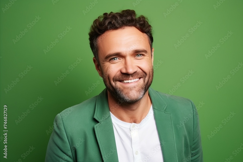 Portrait of a handsome smiling man over green background. Studio shot. - obrazy, fototapety, plakaty 