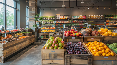 Organic health foods store displaying vegetables and fruits inside. photo