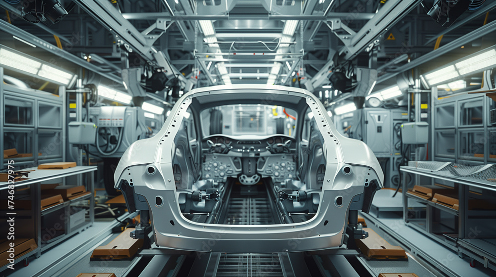 Car assembly line in a manufacturing facility. 