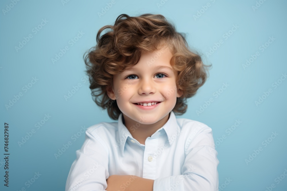 Portrait of a smiling little boy with curly hair on a blue background Portrait of a smiling little boy with curly hair on a blue background