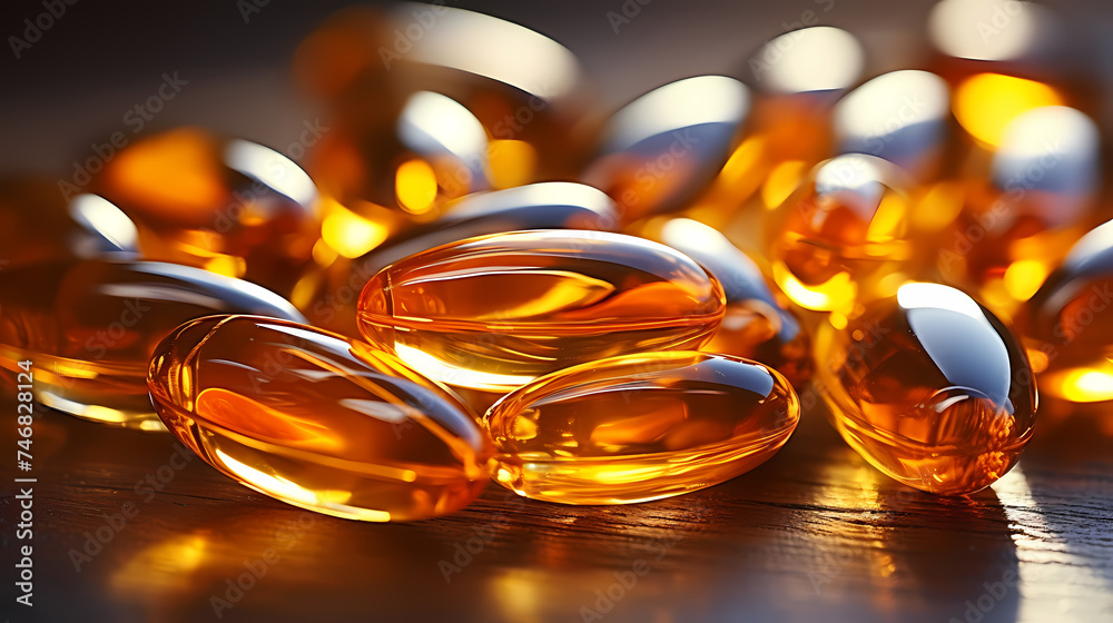 Fish oil capsule close up, concept of healthy diet and healthy food supplements Fish oil capsule close up, concept of healthy diet and healthy food supplements