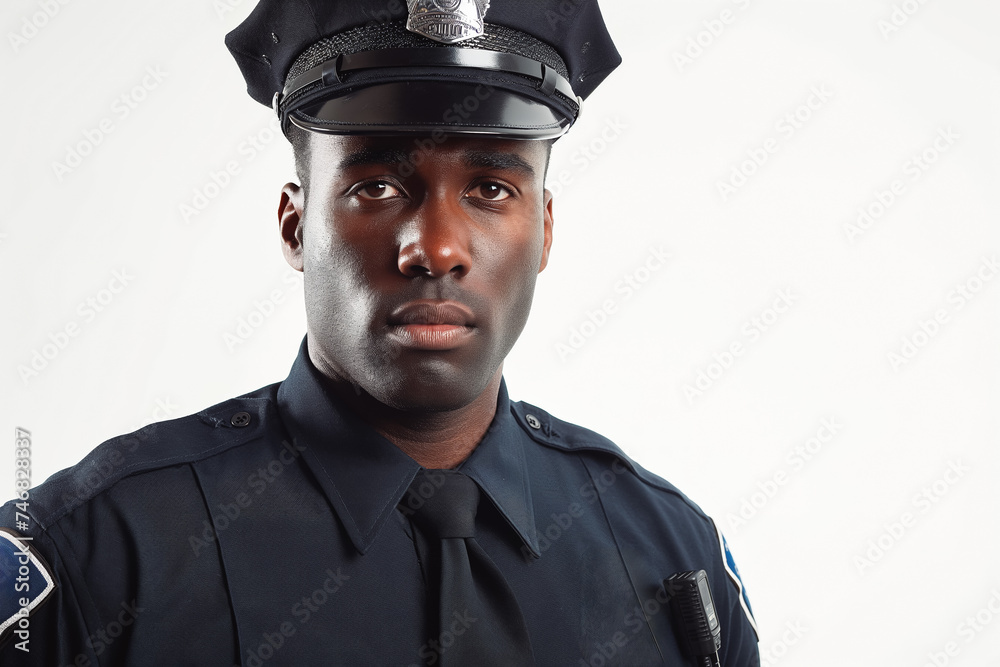 Portrait of black policeman in us on white.