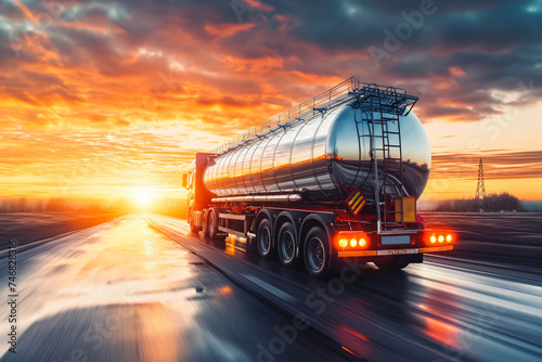 Rear view of big metal fuel tanker truck in motion shipping fuel to oil refinery against sunset sky.