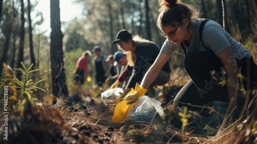 group of volunteers cleaning up a forest as part of Earth Day's efforts to combat pollution