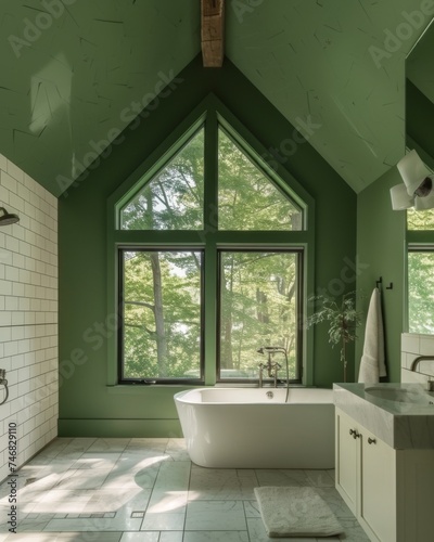 Luxurious bathroom interior with large window and forest view
