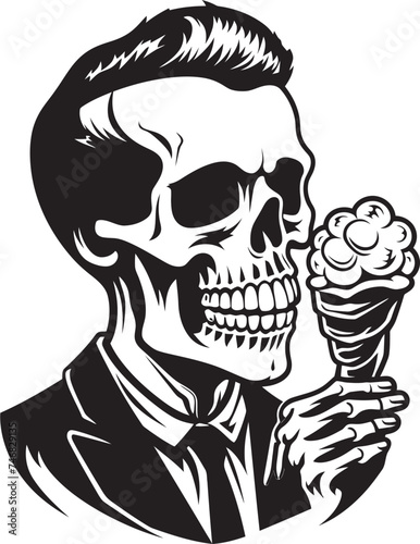 Chilly Chills Skeleton Enjoying Soft Ice Cream Emblem Frozen Frights Soft Ice Cream with Skeleton Logo Design