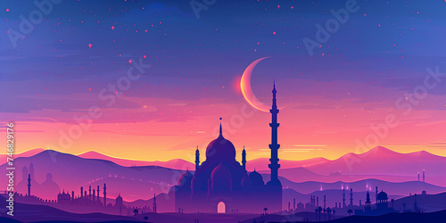 Islamic illustration background, islamic mosque , Ramadan kareem or eid mubarak,eid ul fitr or eid ul adha, ai generated