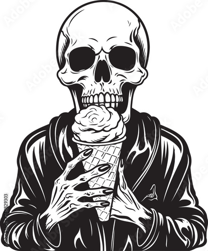 Spine Tingling Treats Skeleton Enjoying Soft Ice Cream Logo Chilling Chews Skeleton with Soft Serve Ice Cream Graphic