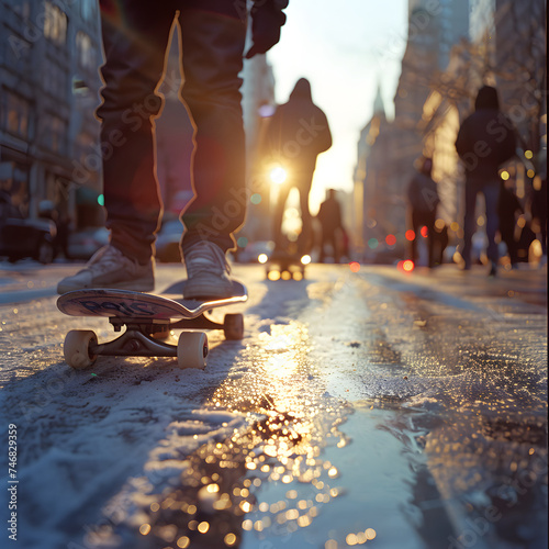 A person is energetically riding a skateboard on a bustling city street © Jorgarsan