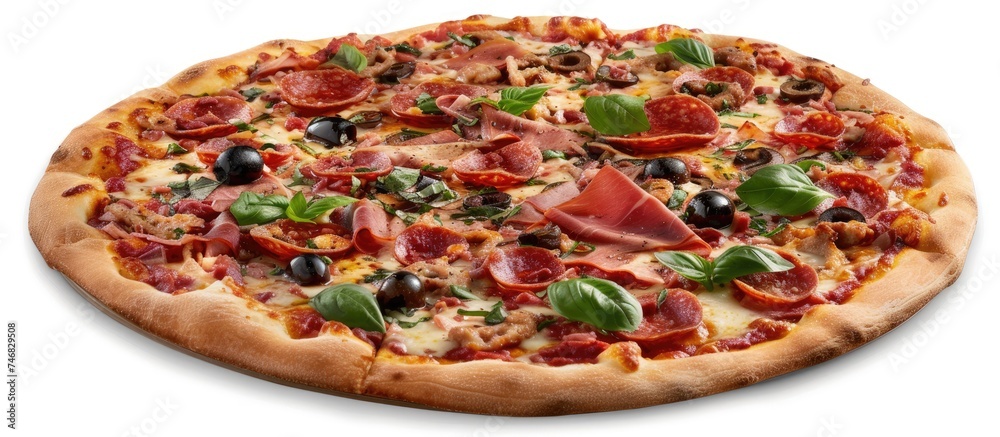 A close-up view of a thin Italian pizza topped with tomato sauce, salami, cheese, olives, and basil, placed on a clean white background. A close-up view of a thin Italian pizza topped with tomato sauce, salami, cheese, olives, and basil, placed on a clean white background.