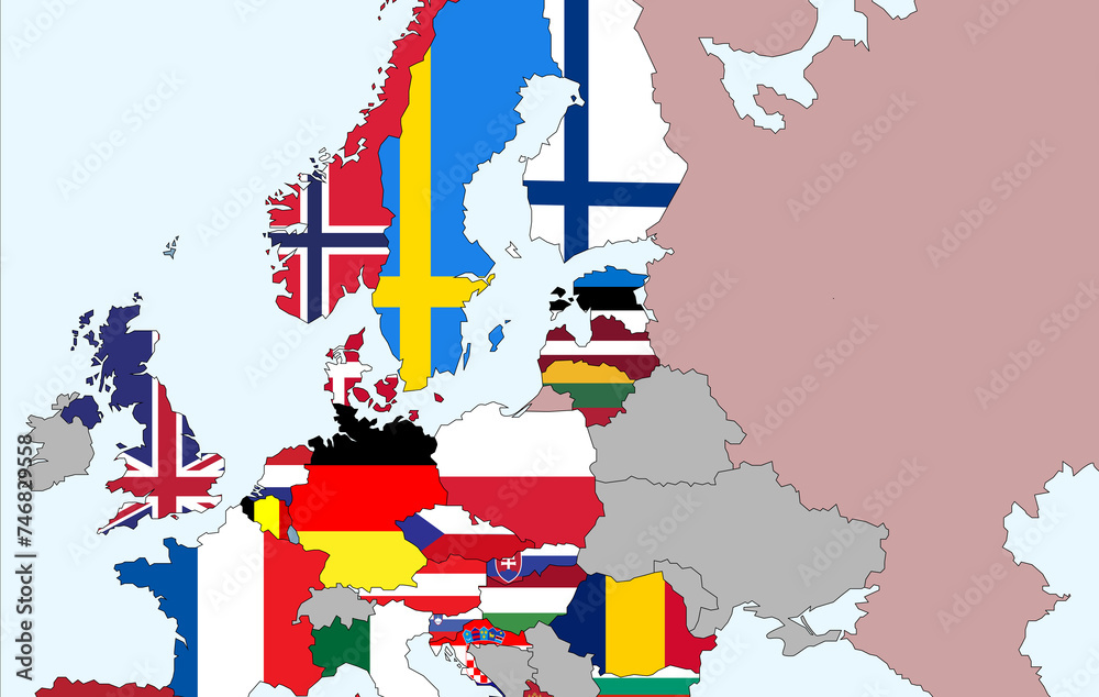 NATO and Russia on Europe map. Flags of countries included in alliance