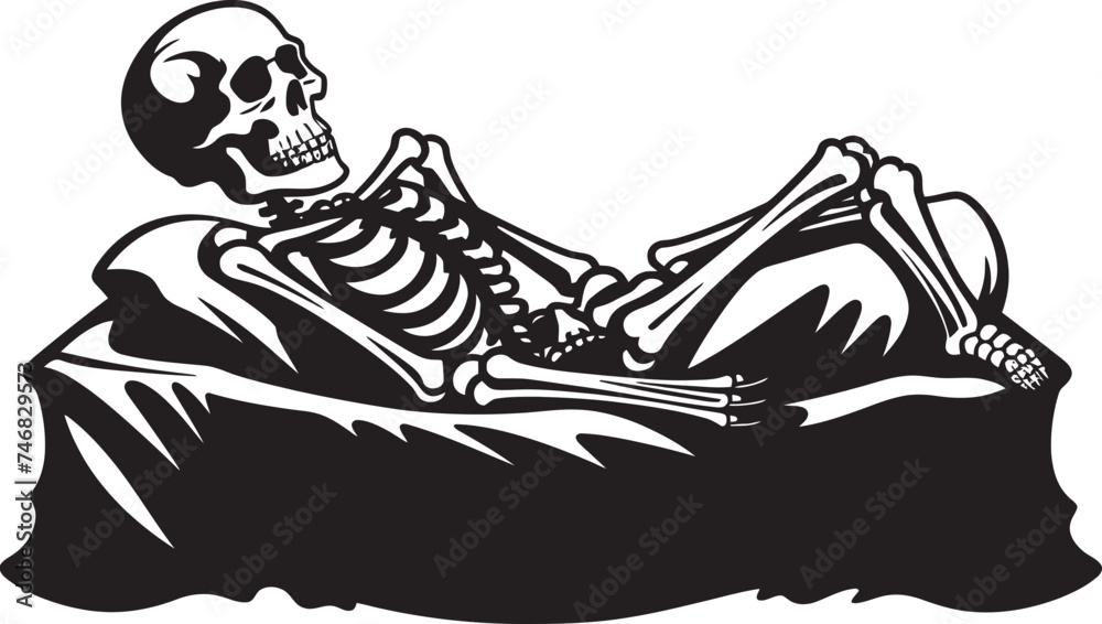Fototapeta premium Bed of Specters Skeleton Resting on Bed Icon Creepy Dreamland Skeleton Lied on Bed Logo