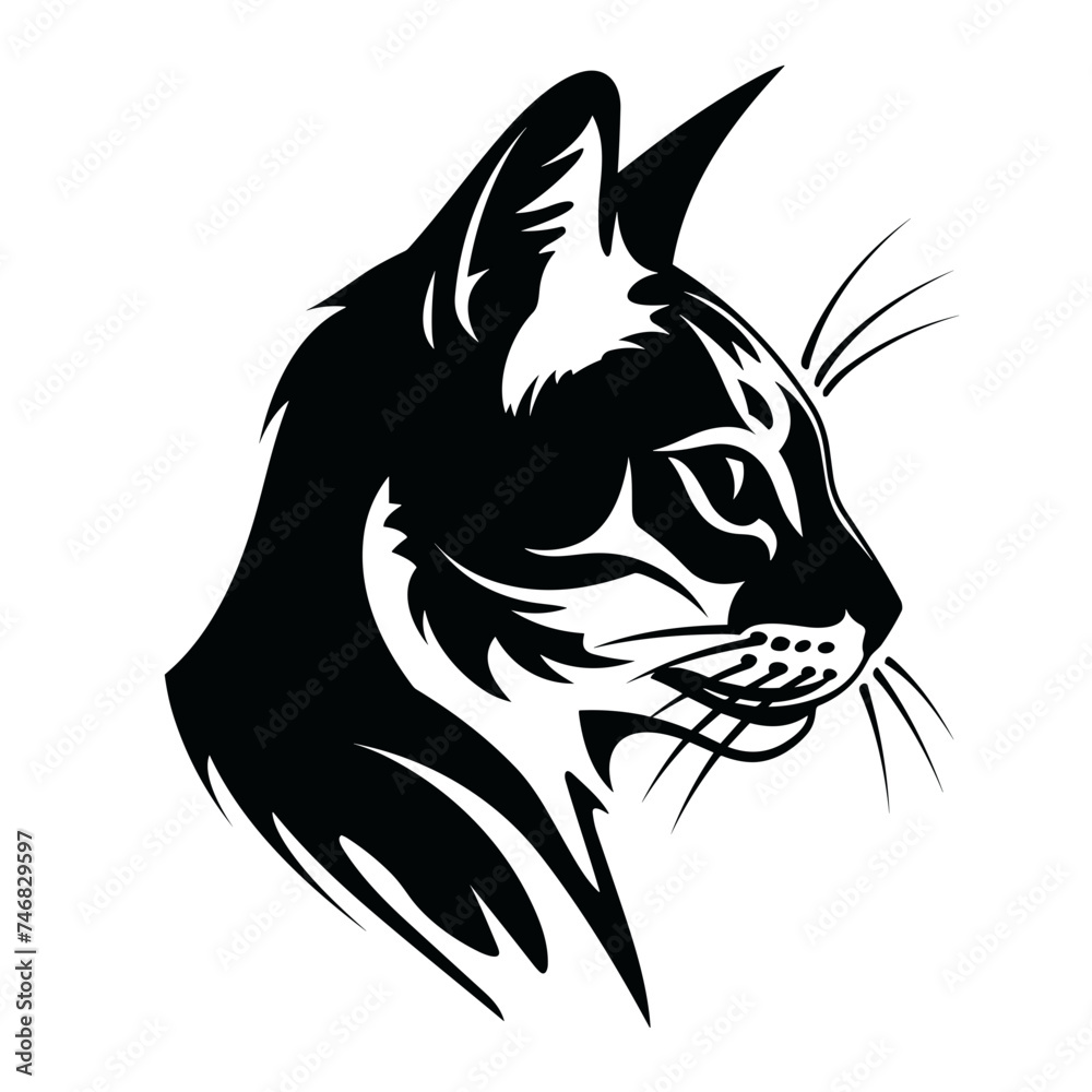 cat head black and white  vector illustration isolated transparent background logo, cut out or cutout t-shirt print design