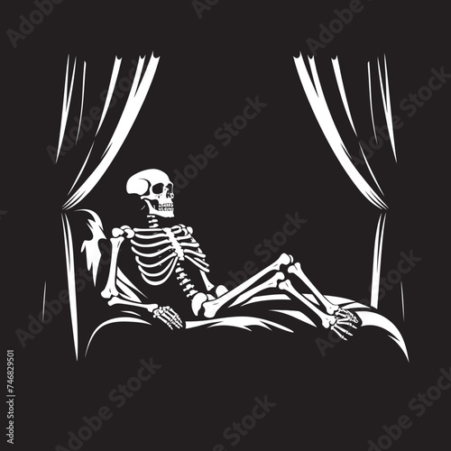Haunting Hibernation Skeleton Resting on Bed Emblem Ghostly Slumber Skeleton Lied on Bed Graphic