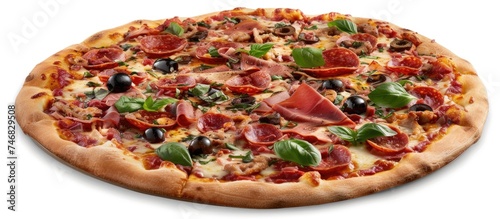 A close-up view of a thin Italian pizza topped with tomato sauce, salami, cheese, olives, and basil, placed on a clean white background.
