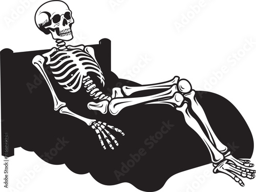 Bed of Frights Skeleton Resting on Bed Emblem Creepy Resting Place Skeleton Lied on Bed Graphic