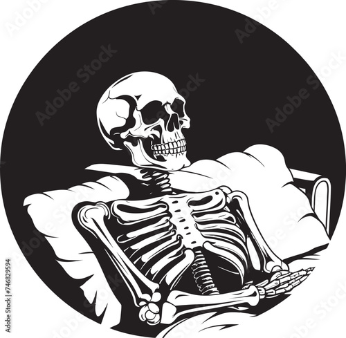 Ghostly Repose Skeleton on Bed Logo Bed of Nightmares Skeleton Lied on Bed Emblem