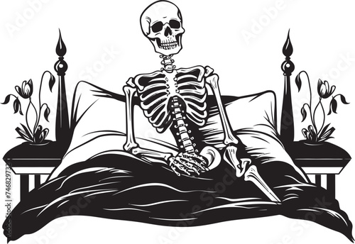 Rest in Darkness Skeleton Resting on Bed Emblem Grim Relaxation Skeleton Lied on Bed Graphic