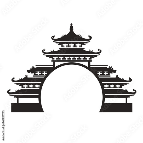 chinese temple roof or arch black and white vector illustration isolated transparent background logo, cut out or cutout t-shirt print design