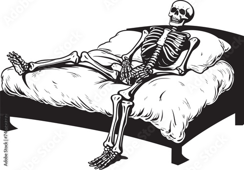 Bone Chilling Nap Skeleton Resting on Bed Icon Ghostly Repose Skeleton on Bed Graphic