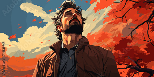 lonely man looks up at the sky feeling blue background are windy autumn leaves in pastel vector illustration