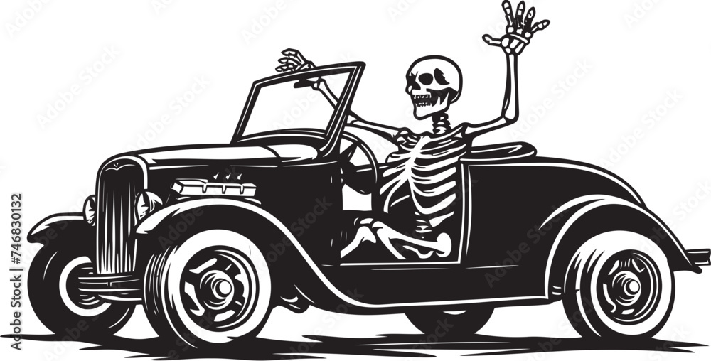Haunting Highways Car with Skeleton Graphic Creepy Cruise Skeleton Driving Car Vector Logo