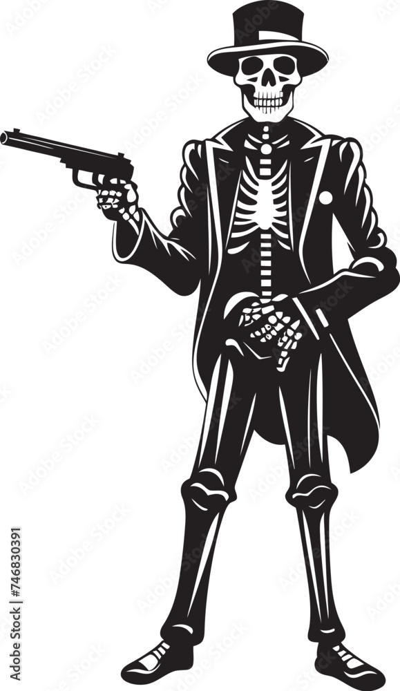 Fototapeta premium Skeletal Arsenal Vector Logo Design with Gun Toting Skeleton Gunslinger Bones Skeleton with Firearms Icon Graphic