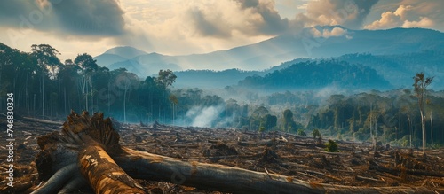 The forest is densely populated with dead trees, showcasing the aftermath of extensive deforestation. The landscape is stark, with a multitude of timber remnants scattered across the terrain.