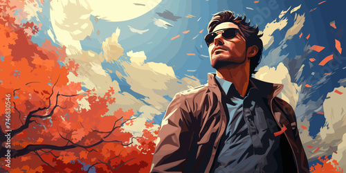 lonely man looks up at the sky feeling blue background are windy autumn leaves in pastel vector illustration