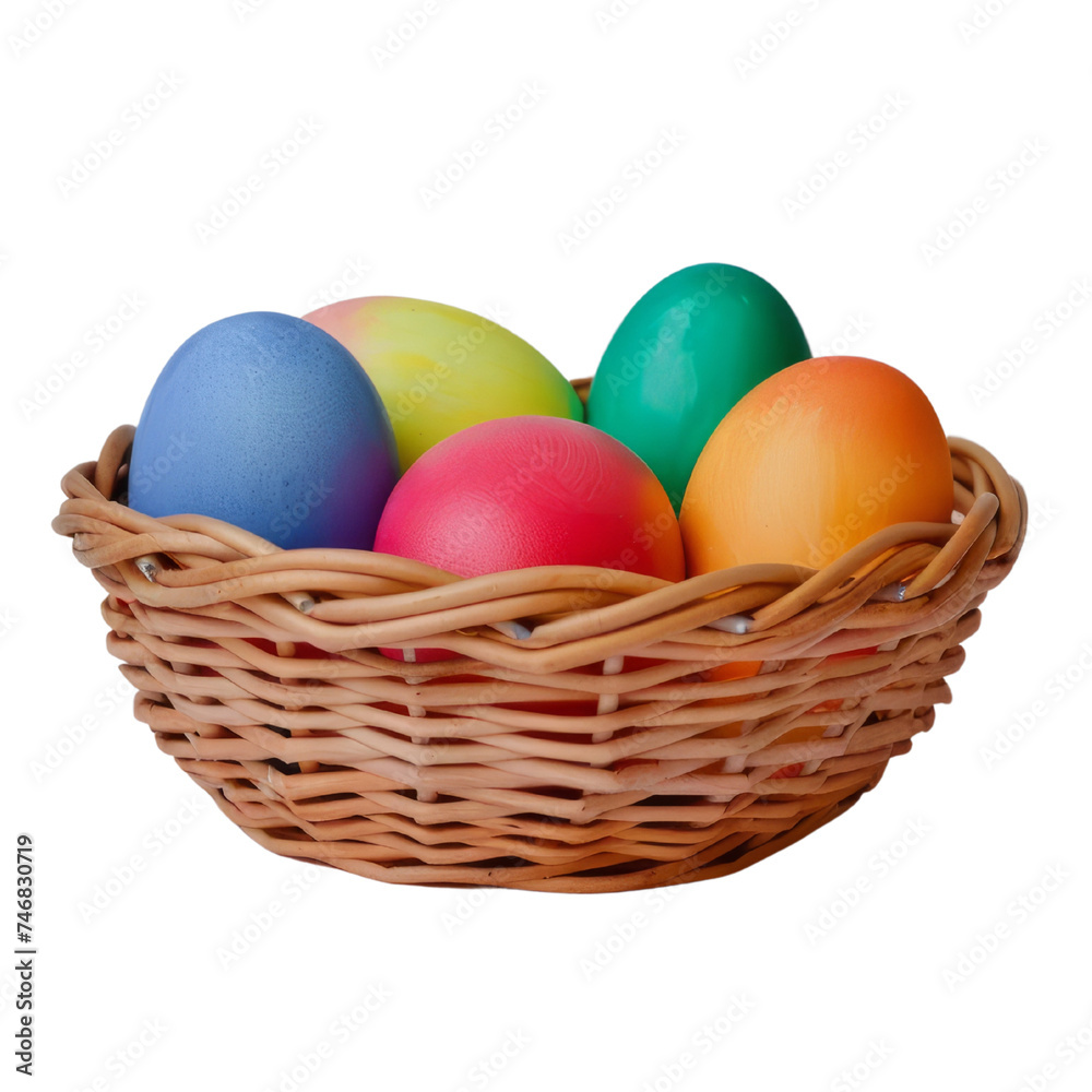 Colorful Easter eggs on a knitting basket with a transparent background. Created with Generative AI.