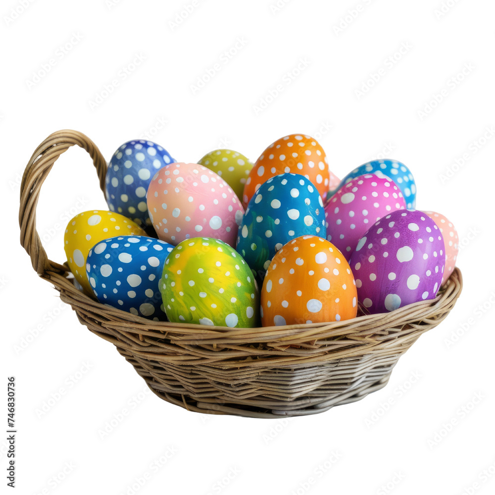 Colorful and patterned Easter eggs on a knitted basket with a transparent background. Created with Generative AI. Colorful and patterned Easter eggs on a knitted basket with a transparent background. Created with Generative AI.