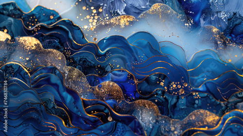 Beautiful creative marble background in indigo blue, gold, white. Template for invitation or creative backdrop. Acrylic paint pouring technic, waves