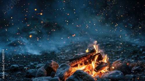 Campfire at night with embers floating in the air