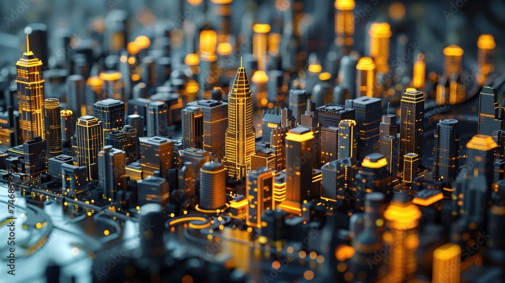 3D-rendered futuristic cityscape at dusk 3D-rendered futuristic cityscape at dusk