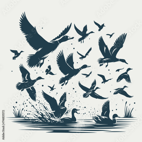 Mallard Duck hunting  vector Bundle file ,Black and white Flying Ducks Silhouette file , Flying Wood Duck Water Landing svg