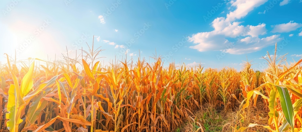 A field of tall corn plants stretching out under a clear blue sky with ...