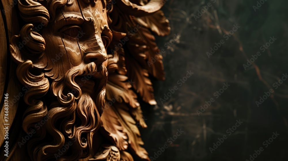Carved wooden face with detailed curls