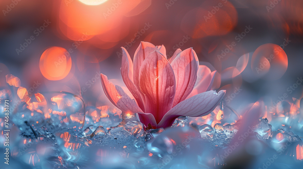 Beautiful pink lotus flower on the water with dew drops