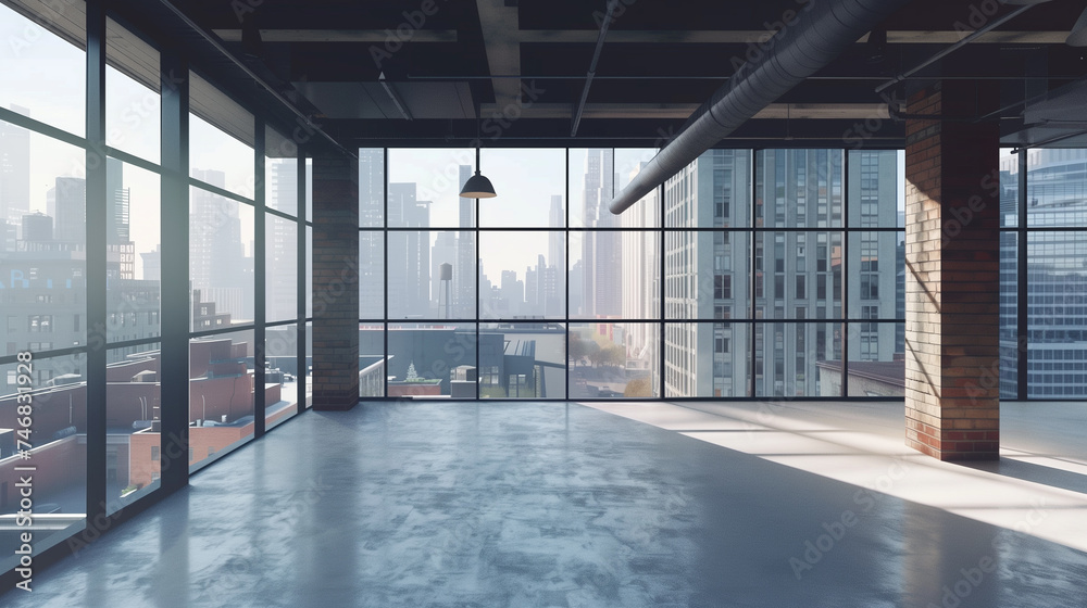 Empty office interior with panoramic city view. 3D Rendering Empty office interior with panoramic city view. 3D Rendering
