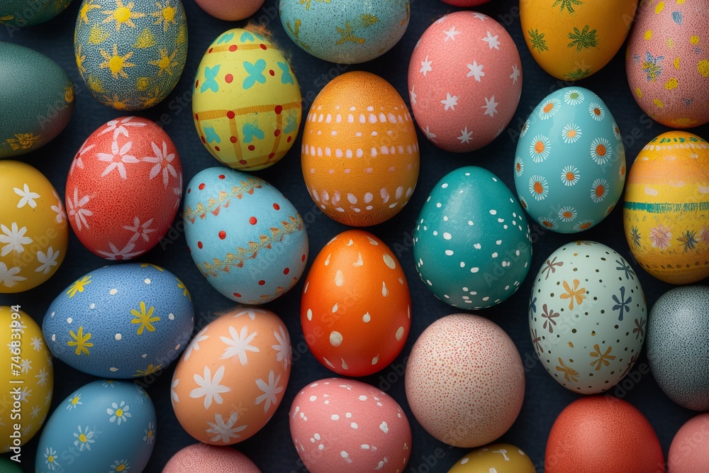 Colorful background of easter eggs collection, a lot of eggs, easter celebration