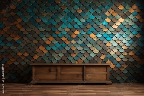 Room with beautiful wooden walls with fish scales Various color tones Quiet tone Dark blue and amber Light green and indigo, earthy tones.