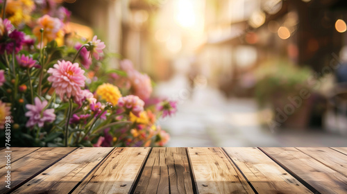 Wooden table and flowers in a cafe with bokeh background