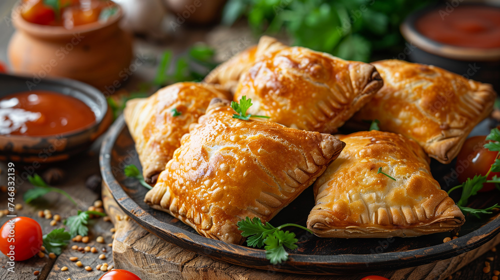 Freshly made Samosas on a rustic plate with delicious garnish. Freshly made Samosas on a rustic plate with delicious garnish.